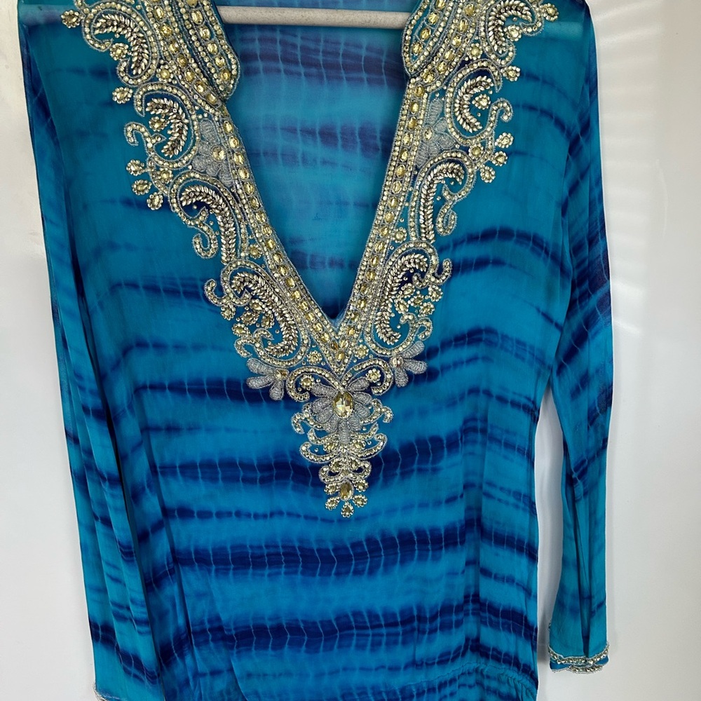 Blue and Gold Embellished 3/4 Sleeve Tunic